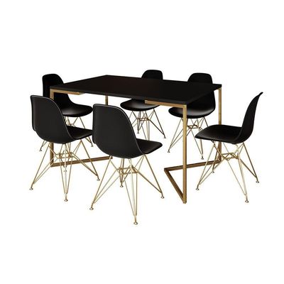 Mesa Jantar Industrial Retangular 137X90Cm Preta Base V Com 6 Cadeiras Pretas Base Dour Cor: Preto
