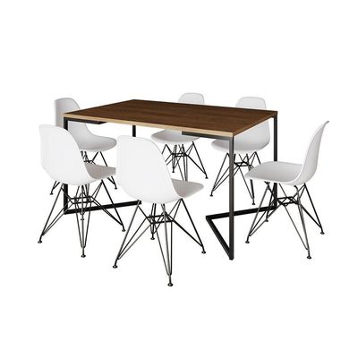 Mesa Industrial Jantar Retangular 137X90Cm Amêndoa Base V Com 6 Cadeiras Brancas Ferro Amendoa