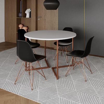 Mesa Industrial Jantar Redonda Branca 110Cm Base V Com 4 Cadeiras Eames Pretas Base Cobre Branco