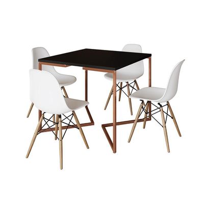 Mesa Industrial Jantar Quadrada Preta 90X90Cm Base Cobre V Com 4 Cadeiras Brancas Madei Preto