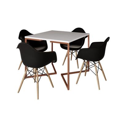 Mesa Industrial Jantar Branca Quadrada 90Cm Base Cobre V Com 4 Poltronas Pretas Madeira Branco