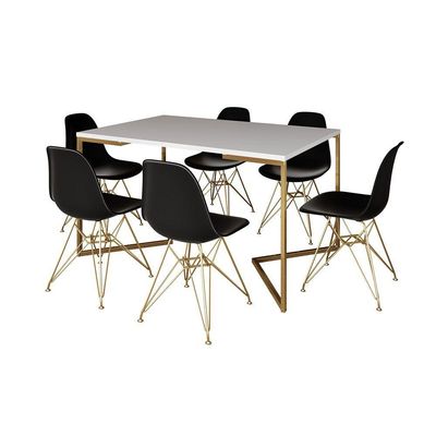 Mesa Jantar Industrial Retangular 137X90Cm Branca Base V Com 6 Cadeiras Pretas Base Dou Cor: Branco