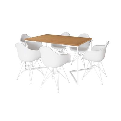 Mesa Industrial Jantar Canela 137X90Cm Base V Com 6 Poltronas Brancas Ferro Branco Canela
