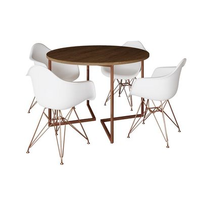 Mesa Industrial Jantar Amêndoa 110Cm Redonda Base V Com 4 Poltronas Brancas Base Cobre Amendoa
