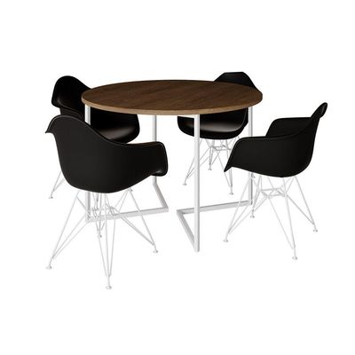 Mesa Industrial Jantar Redonda Amêndoa 110Cm Base V Com 4 Poltronas Daw Pretas Ferro Br Amendoa