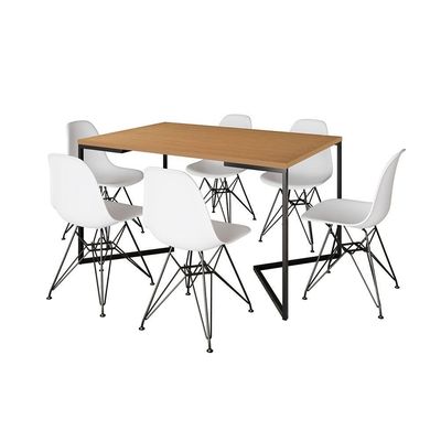 Mesa Industrial Jantar Retangular 137X90Cm Canela Base V Com 6 Cadeiras Brancas Ferro P Canela