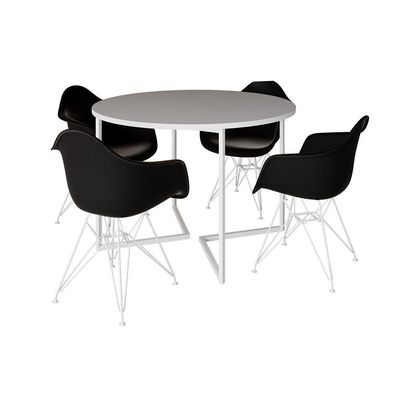 Mesa Industrial Jantar Redonda Branca 110Cm Base V Com 4 Poltronas Daw Pretas Ferro Bra Branco