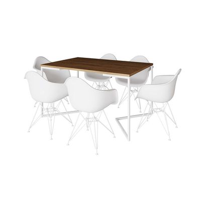 Mesa Industrial Jantar Amêndoa 137X90Cm Base V Com 6 Poltronas Brancas Ferro Branco Amendoa