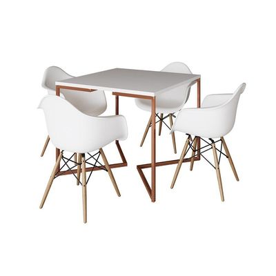 Mesa Industrial Jantar Branca Quadrada 90Cm Base Cobre V Com 4 Poltronas Brancas Madeir Branco