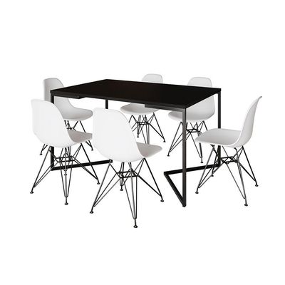 Mesa Industrial Jantar Retangular 137X90Cm Preta Base V Com 6 Cadeiras Brancas Ferro Pr Preto