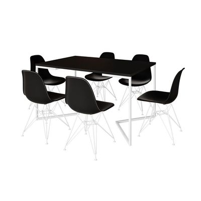 Mesa Industrial Jantar Retangular 137X90Cm Preta Base V Com 6 Cadeiras Pretas Ferro Bra Preto