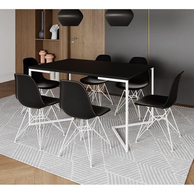 Mesa Industrial Jantar Retangular 137X90Cm Preta Base V Com 6 Cadeiras Pretas Ferro Bra Preto