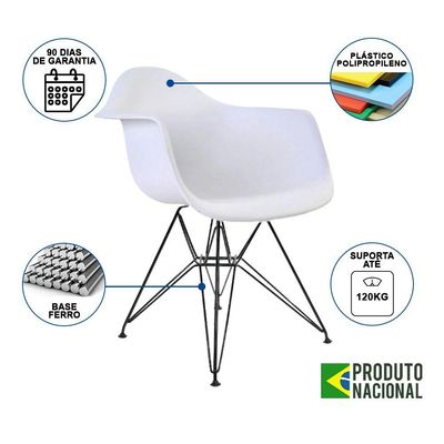 Mesa Industrial Jantar Quadrada Branca 90Cm Base V Com 4 Poltronas Brancas Ferro Preto Branco