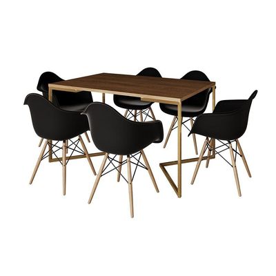 Mesa Jantar Industrial Amêndoa 137X90Cm Base V Dourada C/6 Poltronas Daw Madeira Pret Cor: Amendoa