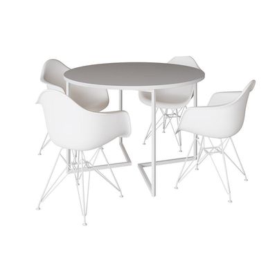 Mesa Industrial Jantar Redonda Branca 110Cm Base V Com 4 Poltronas Daw Brancas Ferro Br Branco