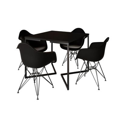 Mesa Industrial Jantar Quadrada Preta 90Cm Base V Com 4 Poltronas Pretas Ferro Preto Preto