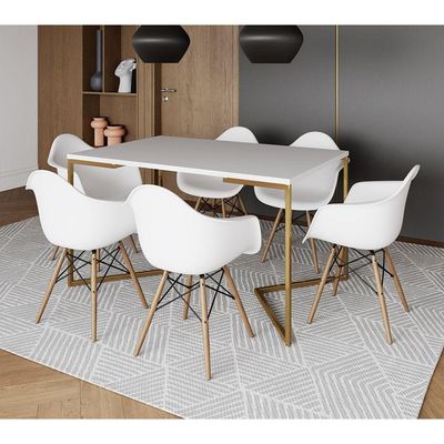 Mesa Jantar Industrial Branca 137X90Cm Base V Dourada Com 6 Poltronas Daw Madeira Branc Cor: Branco