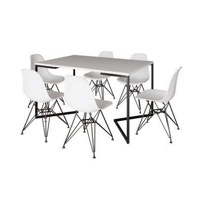 Mesa Industrial Jantar Retangular 137X90Cm Branca Base V Com 6 Cadeiras Brancas Ferro P Branco