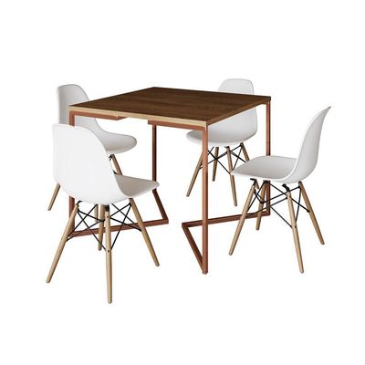 Mesa Industrial Jantar Quadrada Amêndoa 90X90Cm Base Cobre V Com 4 Cadeiras Brancas Mad Amendoa