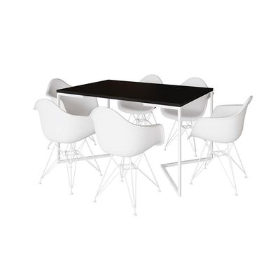Mesa Industrial Jantar Preta 137X90Cm Base V Com 6 Poltronas Brancas Ferro Branco Preto
