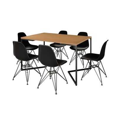Mesa Industrial Jantar Retangular 137X90Cm Canela Base V Com 6 Cadeiras Pretas Ferro Pr Canela