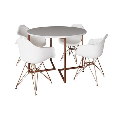 Mesa Industrial Jantar Branca 110Cm Redonda Base V Com 4 Poltronas Brancas Base Cobre Branco
