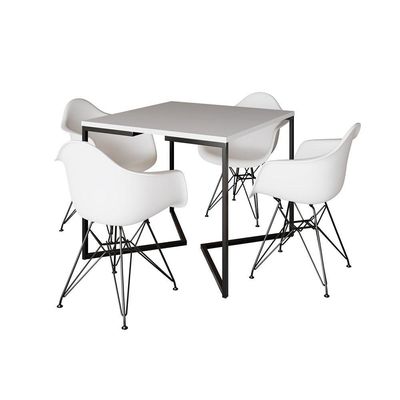 Mesa Industrial Jantar Quadrada Branca 90Cm Base V Com 4 Poltronas Brancas Ferro Preto Branco