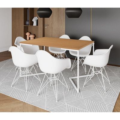 Mesa Industrial Jantar Canela 137X90Cm Base V Com 6 Poltronas Brancas Ferro Branco Canela