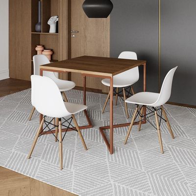Mesa Industrial Jantar Quadrada Amêndoa 90X90Cm Base Cobre V Com 4 Cadeiras Brancas Mad Amendoa
