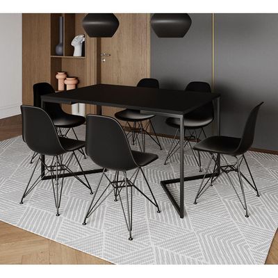 Mesa Industrial Jantar Retangular 137X90Cm Preta Base V Com 6 Cadeiras Pretas Ferro Pre Marrom