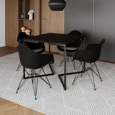 Mesa Industrial Jantar Quadrada Preta 90Cm Base V Com 4 Poltronas Pretas Ferro Preto Preto