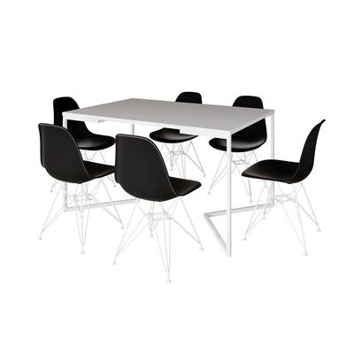 Mesa Industrial Jantar Retangular 137X90Cm Branca Base V Com 6 Cadeiras Pretas Ferro Br Branco