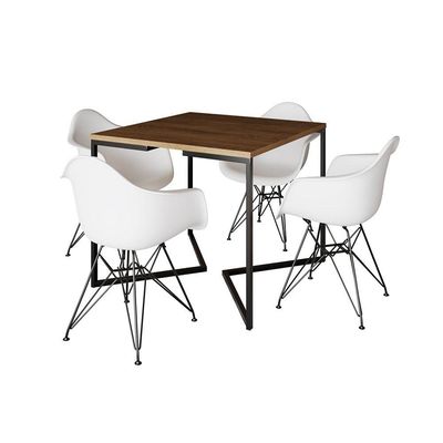 Mesa Industrial Jantar Quadrada Amêndoa 90Cm Base V Com 4 Poltronas Brancas Ferro Preto Amendoa