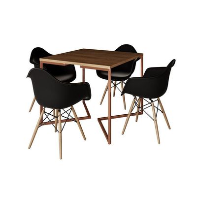 Mesa Industrial Jantar Amêndoa Quadrada 90Cm Base Cobre V Com 4 Poltronas Pretas Madeir Amendoa