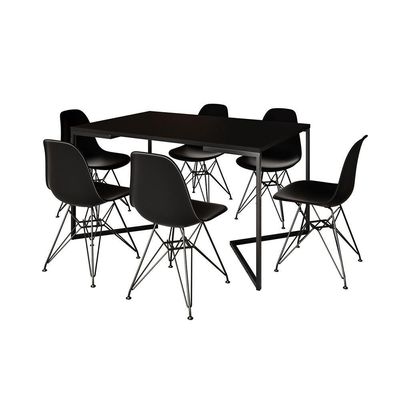 Mesa Industrial Jantar Retangular 137X90Cm Preta Base V Com 6 Cadeiras Pretas Ferro Pre Preto