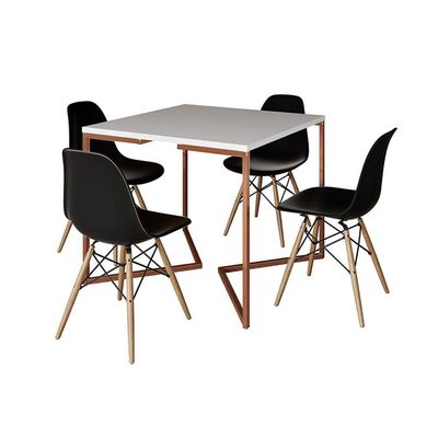Mesa Industrial Jantar Quadrada Branca 90X90Cm Base Cobre V Com 4 Cadeiras Pretas Madei Branco