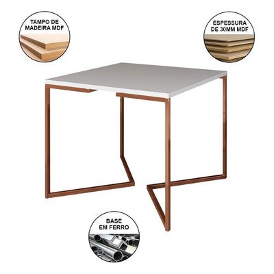 Mesa Industrial Jantar Quadrada Branca 90X90Cm Base Cobre V Com 4 Cadeiras Pretas Madei Branco