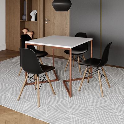 Mesa Industrial Jantar Quadrada Branca 90X90Cm Base Cobre V Com 4 Cadeiras Pretas Madei Branco