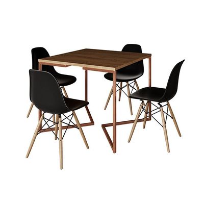 Mesa Industrial Jantar Quadrada Amêndoa 90X90Cm Base Cobre V Com 4 Cadeiras Pretas Made Amendoa