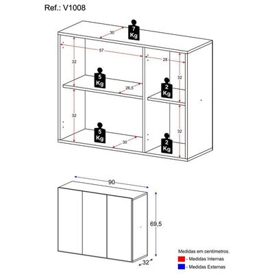 Aparador Buffet 3 Portas Suspenso Multimóveis V1008 Preto