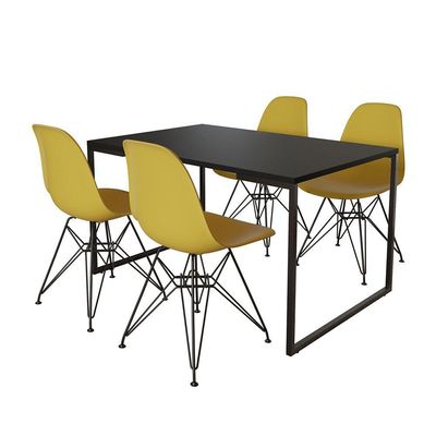 Mesa Industrial Base Ferro Preto Tampo 137X90 Preto 4 Cadeiras Ferro Preto Assento Amarelo Preto