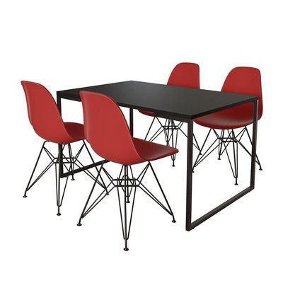 Mesa Industrial Base Ferro Preto Tampo 137X90 Preto 4 Cadeiras Ferro Preto Assento Vermelho Preto