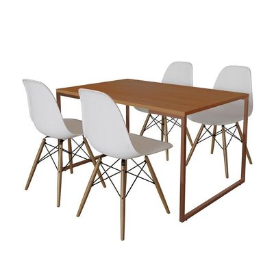 Mesa Industrial Base Ferro Cobre Tampo 137X90 Canela 4 Cadeiras Madeira Assento Branco Marrom