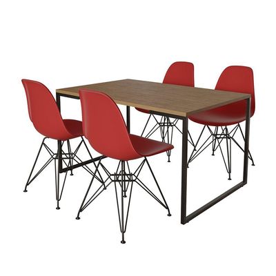 Mesa Industrial Base Ferro Preto Tampo 137X90 Amêndoa 4 Cadeiras Ferro Preto Assento Vermelho Marrom