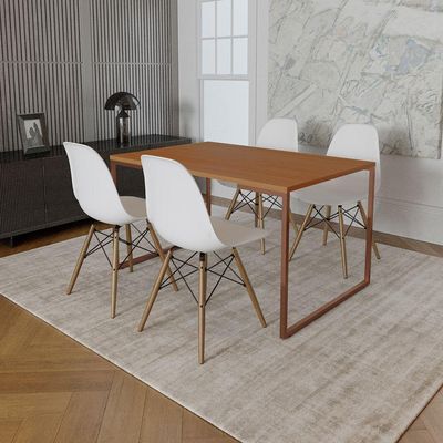 Mesa Industrial Base Ferro Cobre Tampo 137X90 Canela 4 Cadeiras Madeira Assento Branco Marrom