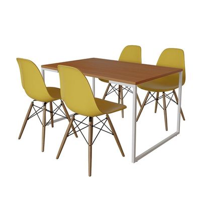Mesa Industrial Base Ferro Branco Tampo 137X90 Canela 4 Cadeiras Madeira Assento Amarelo Marrom