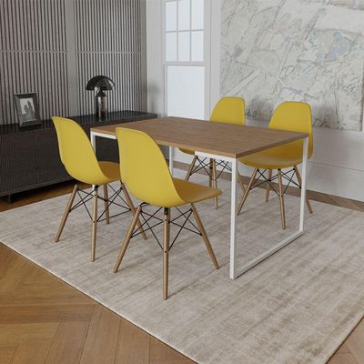 Mesa Industrial Base Ferro Branco Tampo 137X90 Amêndoa 4 Cadeiras Madeira Assento Amarelo Marrom