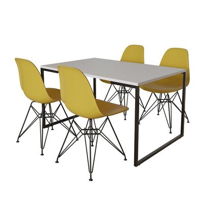 Mesa Industrial Base Ferro Preto Tampo 137X90 Branco 4 Cadeiras Ferro Preto Assento Amarelo Branco