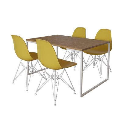 Mesa Industrial Base Ferro Branco Tampo, Amêndoa 4 Cadeiras Ferro Branco Assento Amarelo Marrom