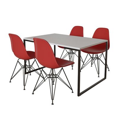 Mesa Industrial Base Ferro Preto Tampo 137X90 Branco 4 Cadeiras Ferro Preto Assento Vermelho Branco